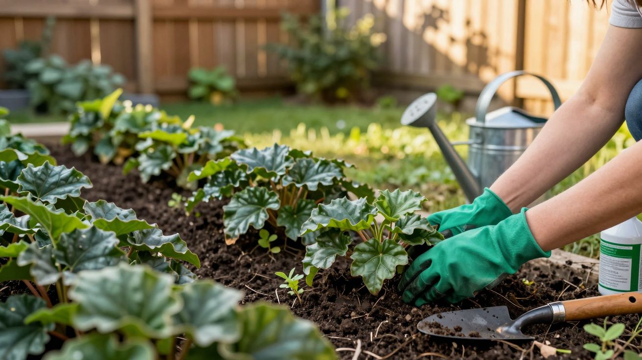 Pessoa com luvas verdes cuidando de plantas em canteiro com regador ao fundo em jardim.