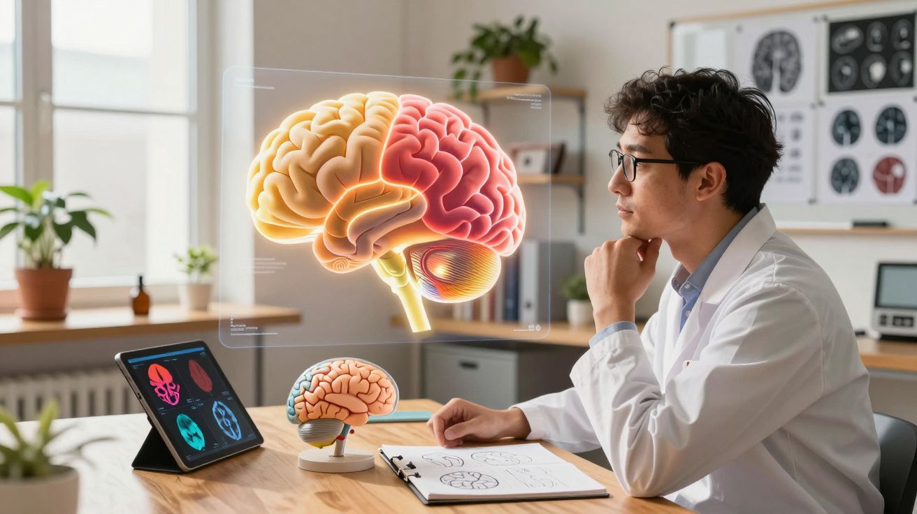 Homem com jaleco branco estuda modelo e holograma 3D colorido do cérebro em escritório iluminado.