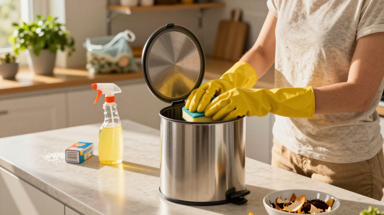 Pessoa usando luvas amarelas limpando uma lixeira de inox na cozinha iluminada.