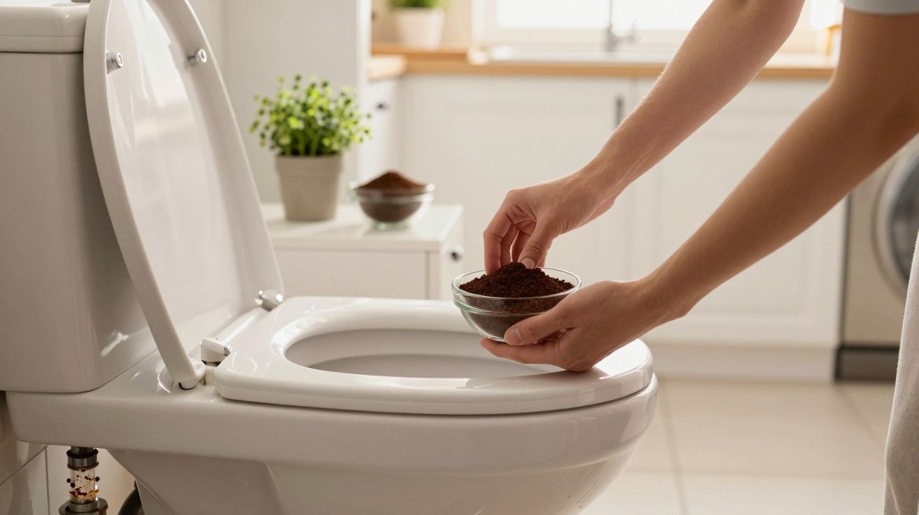Pessoa aplicando pó de café na borda interna do vaso sanitário branco em banheiro iluminado.