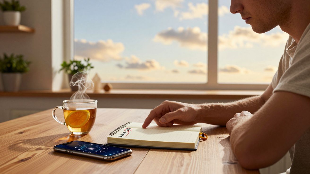 Pessoa escrevendo em caderno ao lado de smartphone e xícara com chá e fatia de limão em mesa de madeira.