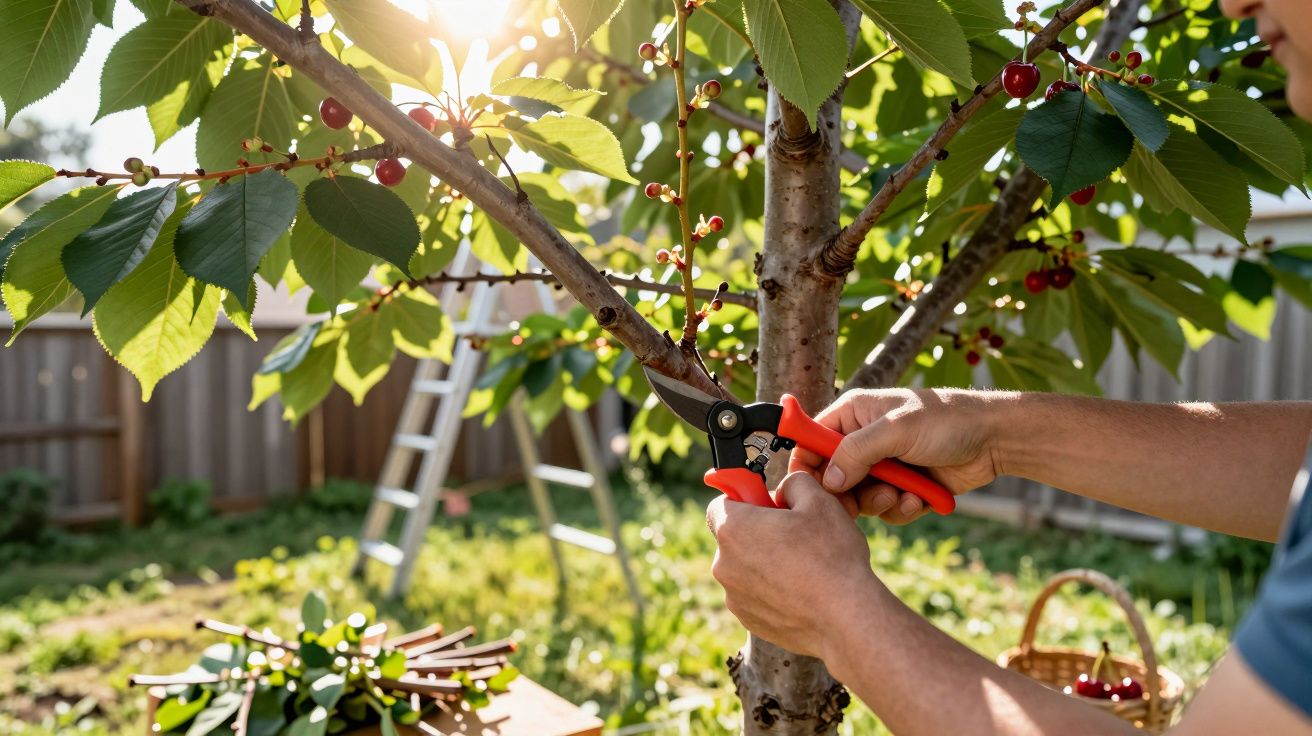 Pessoa podando galho de cerejeira com tesoura de poda em jardim ensolarado.