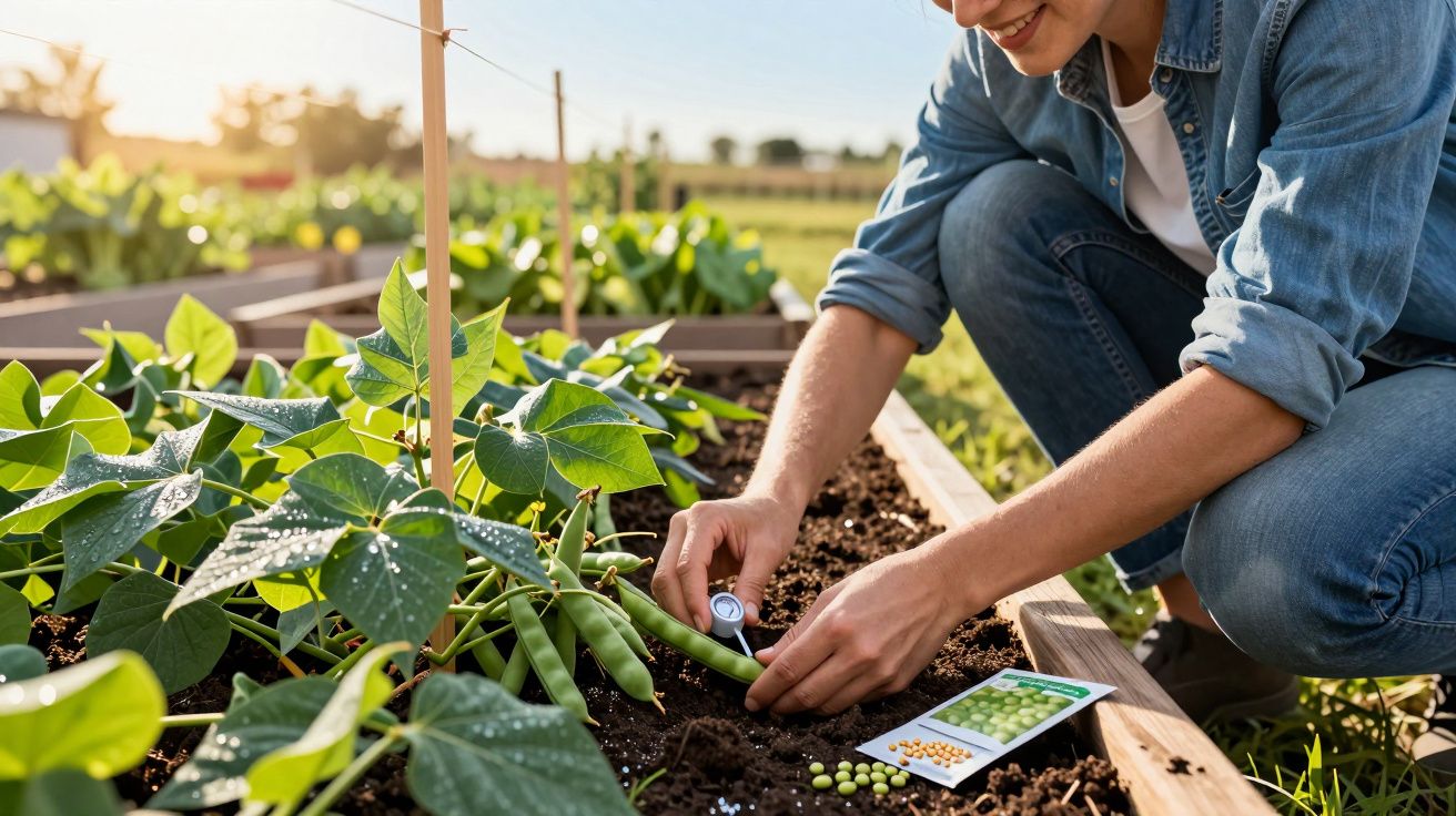 Mulher umidificando vagem na horta caseira ao ar livre em dia ensolarado.