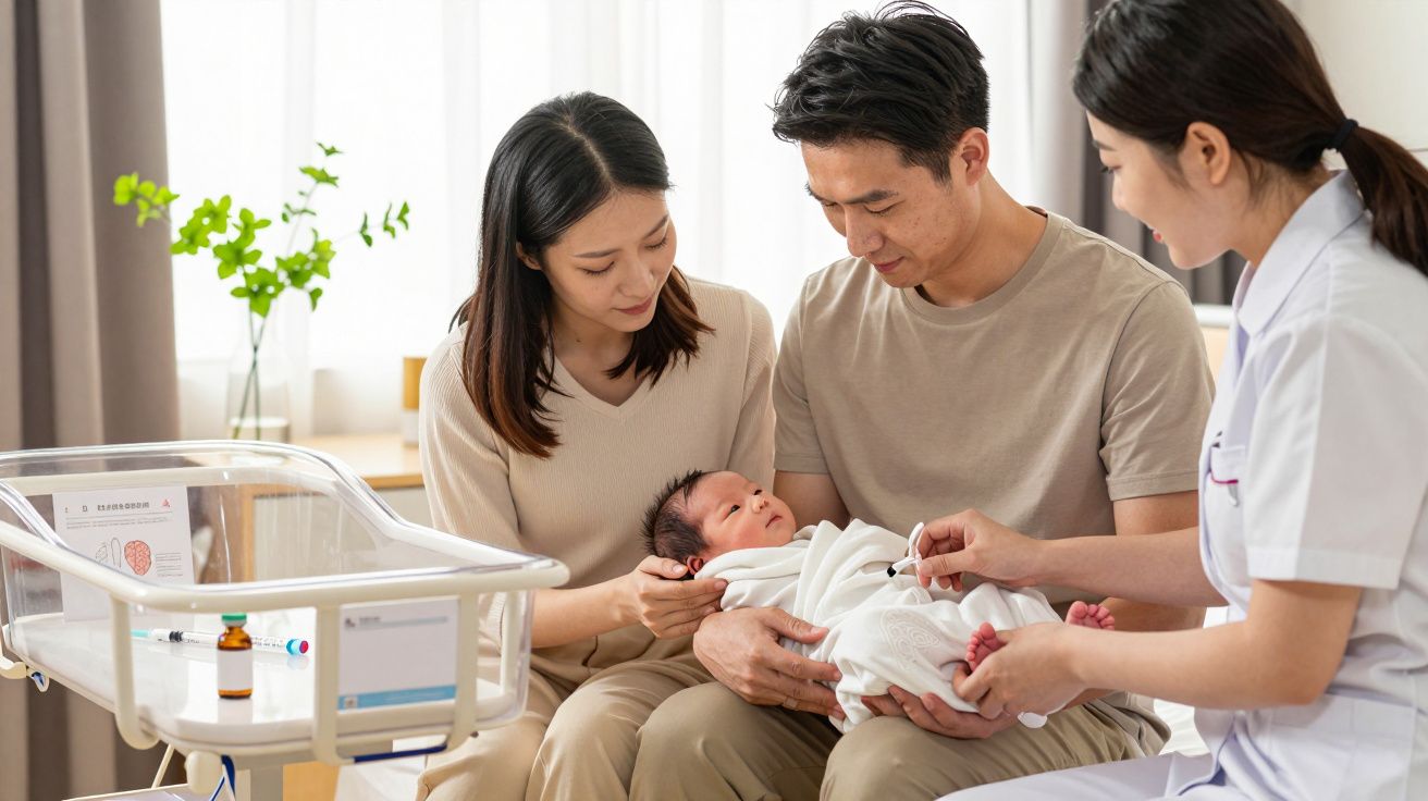 Casal asiático segurando bebê enrolado em cobertor enquanto enfermeira sorri e observa em hospital.