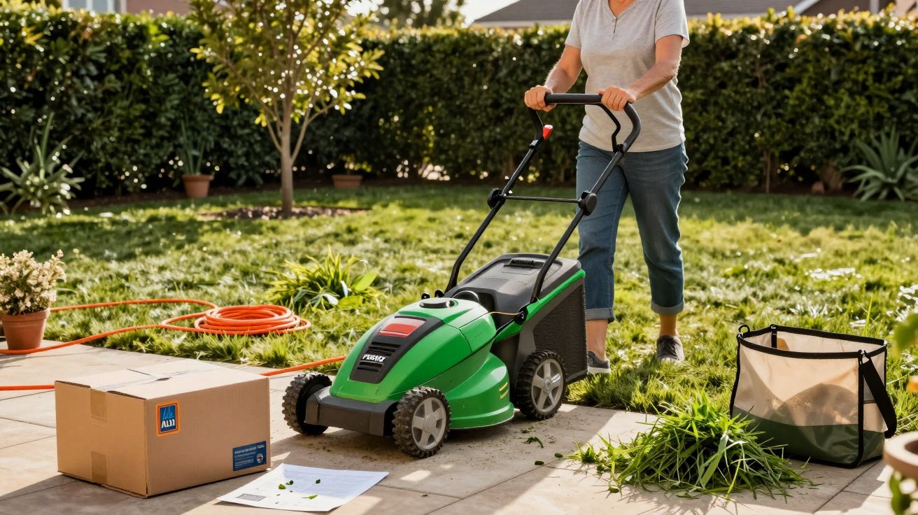 Pessoa usando cortador de grama verde para aparar grama em área externa ensolarada e cercada por plantas.
