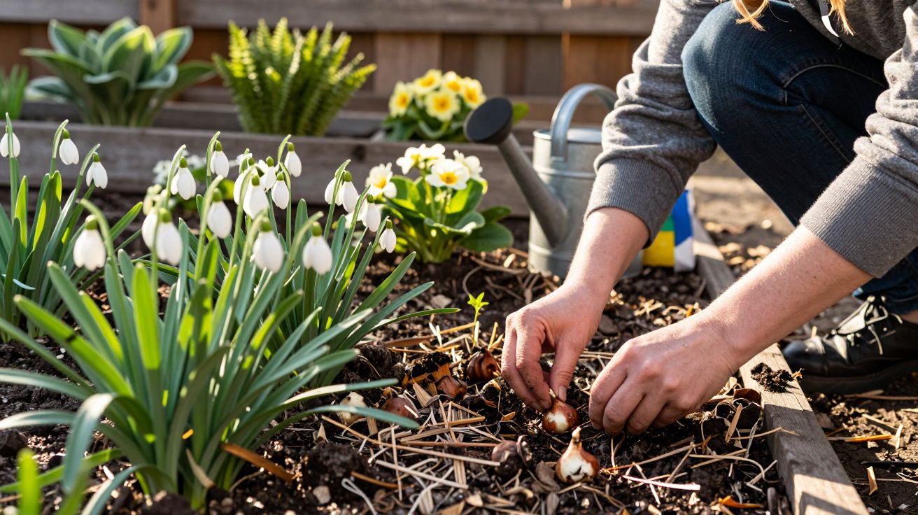 Pessoa plantando bulbos de flores em canteiro com plantas e regador ao fundo em dia ensolarado.