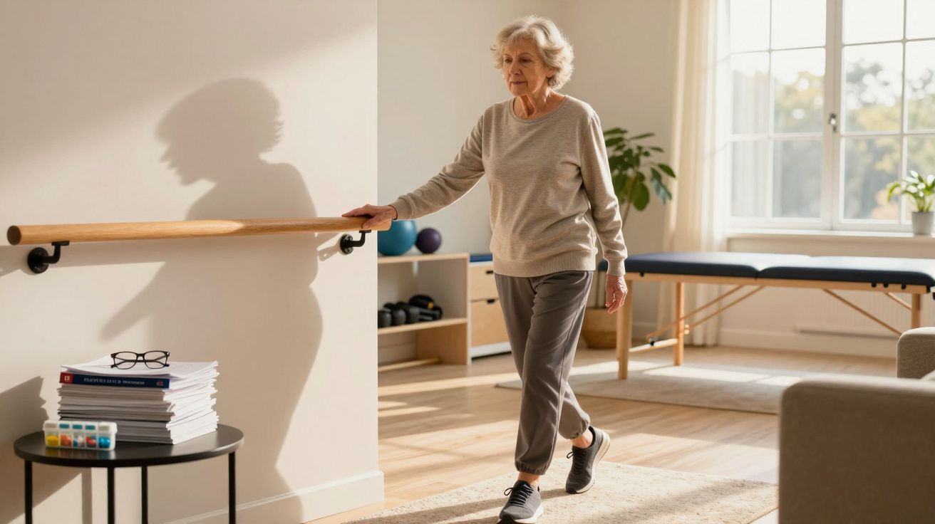 Mulher idosa fazendo fisioterapia em casa, segurando barra de apoio na parede.