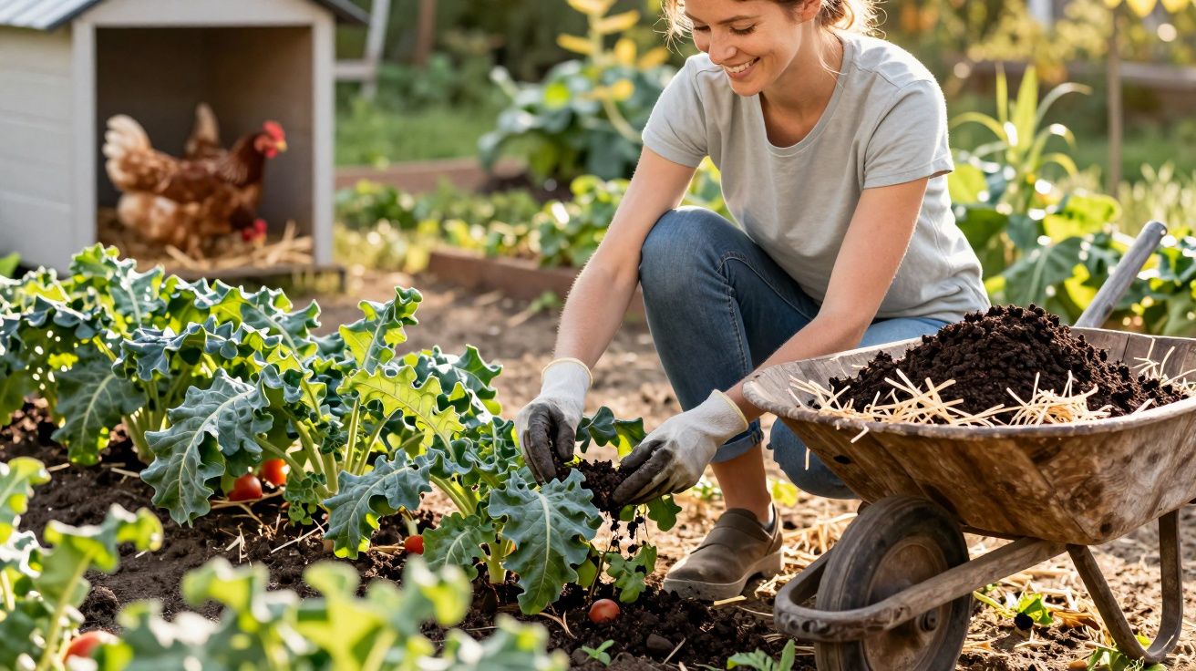 Mulher sorridente cuidando de plantas em horta, com carrinho de mão e galinhas ao fundo.