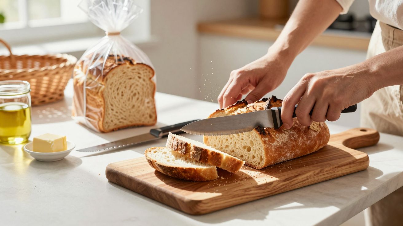 Pessoa fatiando pão artesanal em tábua de madeira em cozinha clara, com pão de forma embalado ao fundo.