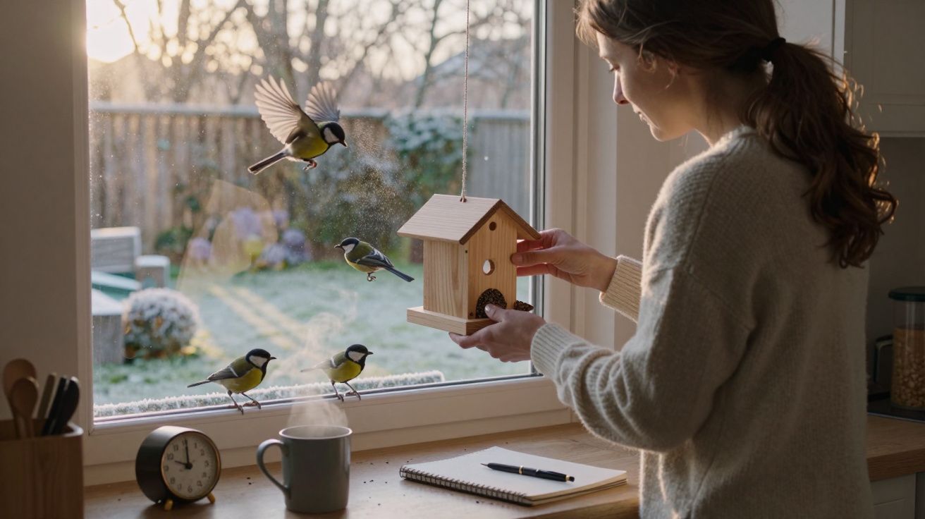 Mulher alimenta pássaros com casa de passarinho na janela em manhã de inverno ensolarada.