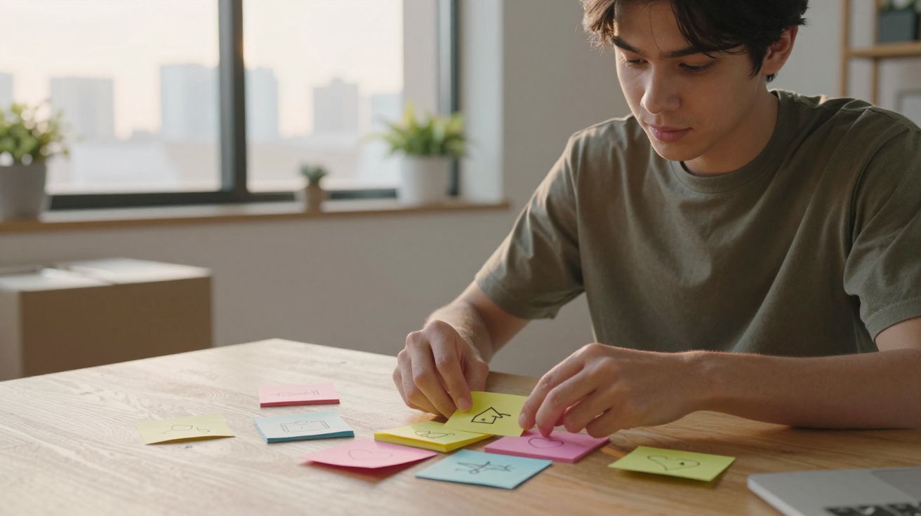 Jovem organizando post-its coloridos com desenhos em uma mesa de madeira em ambiente iluminado.