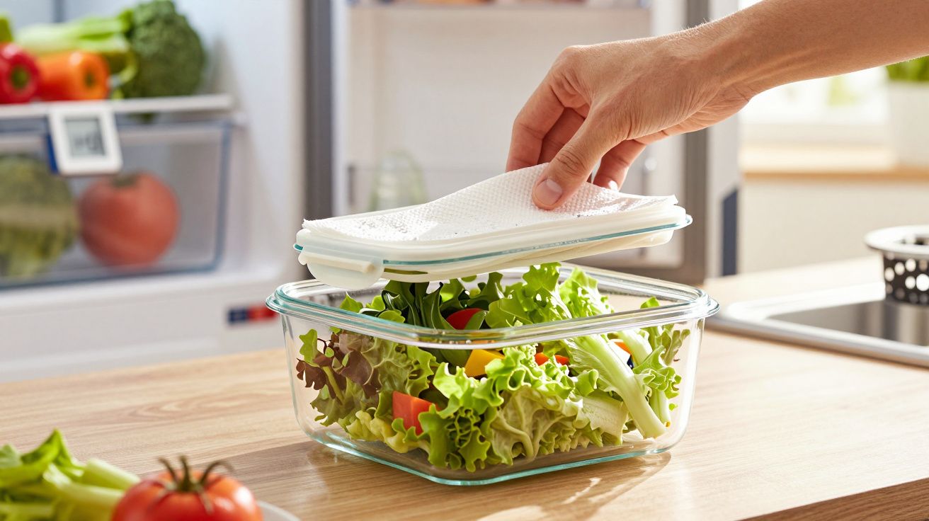 Pessoa fechando recipiente de vidro com salada fresca em bancada de cozinha clara.