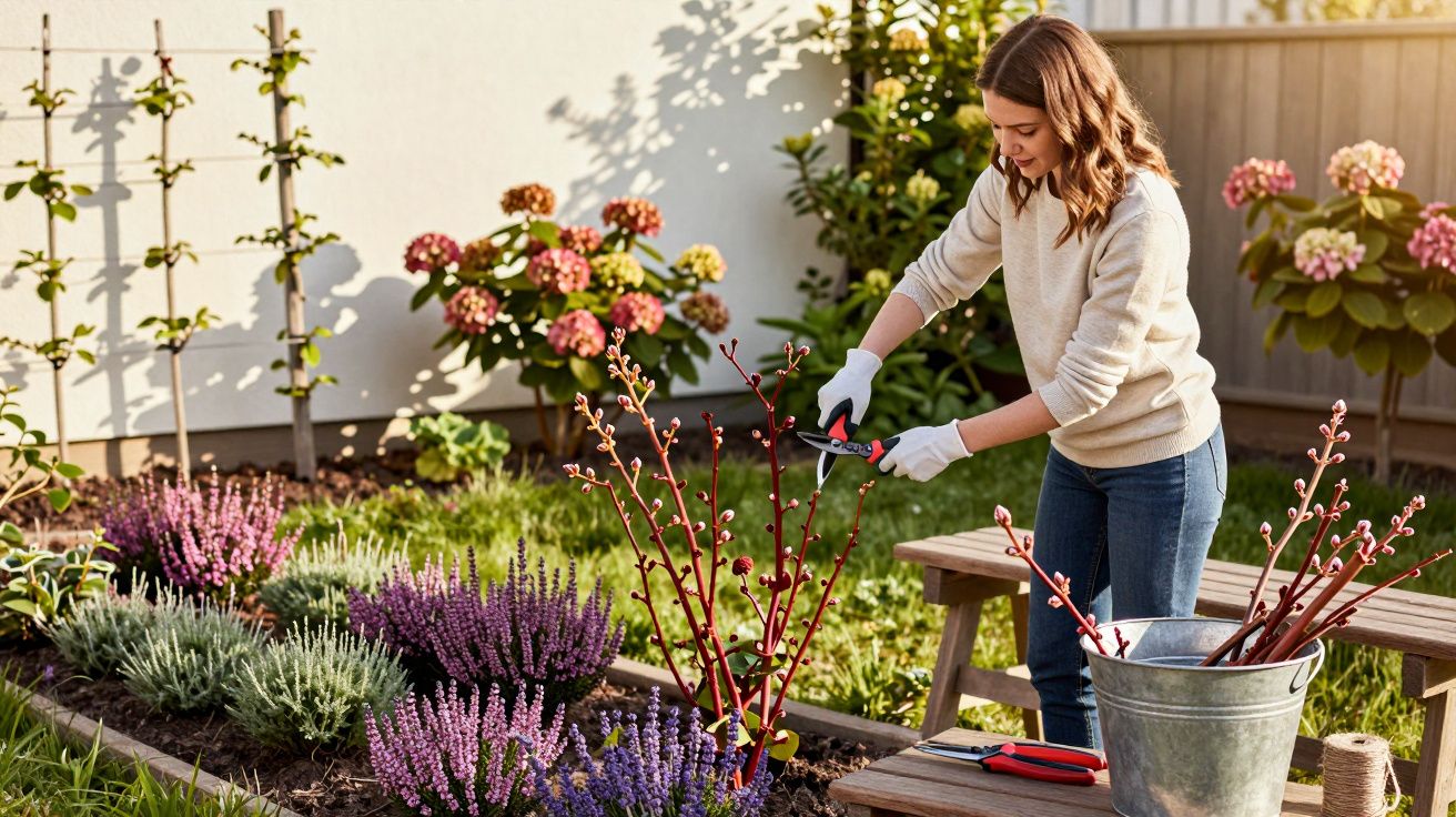 Mulher cuidando do jardim, podando galhos de arbusto com tesoura de poda branca e vermelha.