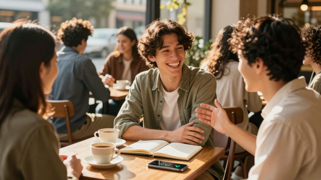 Jovens conversando e sorrindo em cafeteria, com cadernos e xícaras de café na mesa iluminada pelo sol.