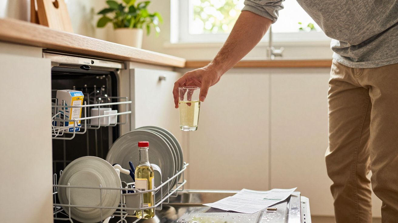Pessoa segurando copo de vidro perto da lava-louças aberta em cozinha iluminada.