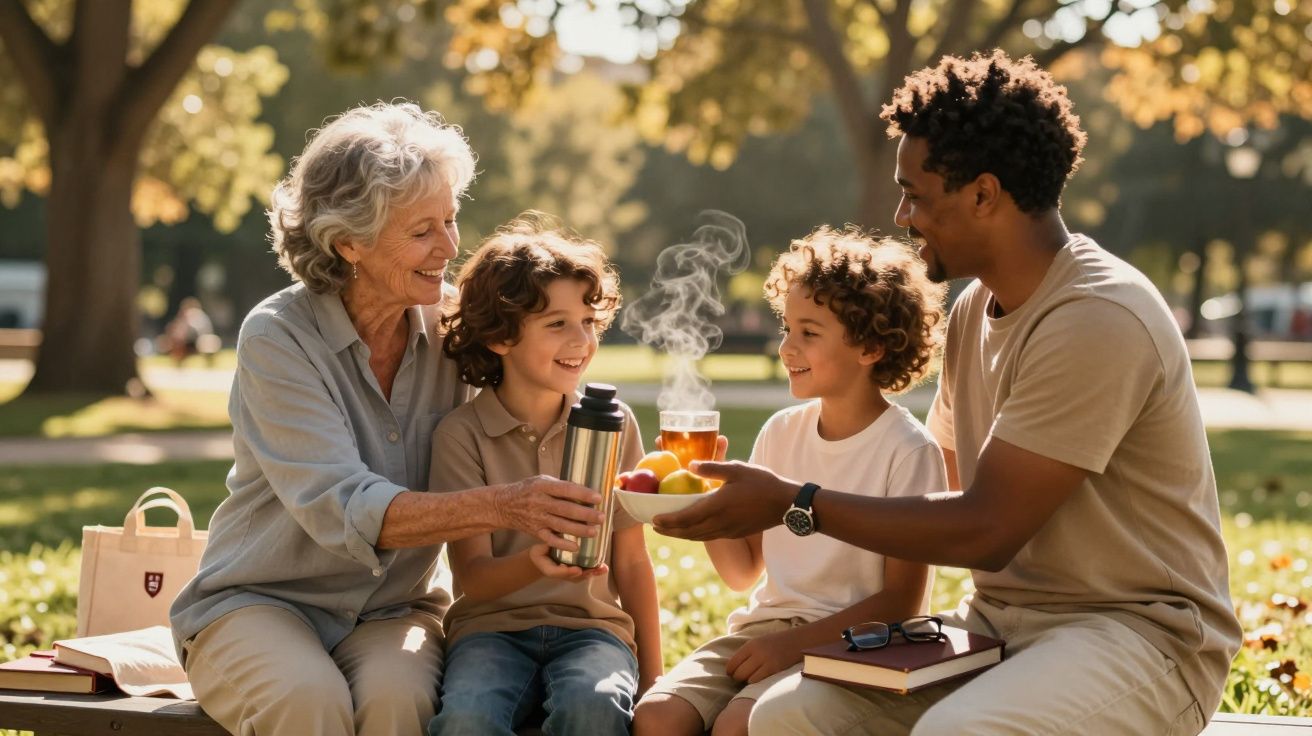 Família multigeracional compartilhando chá e frutas em um parque ensolarado.
