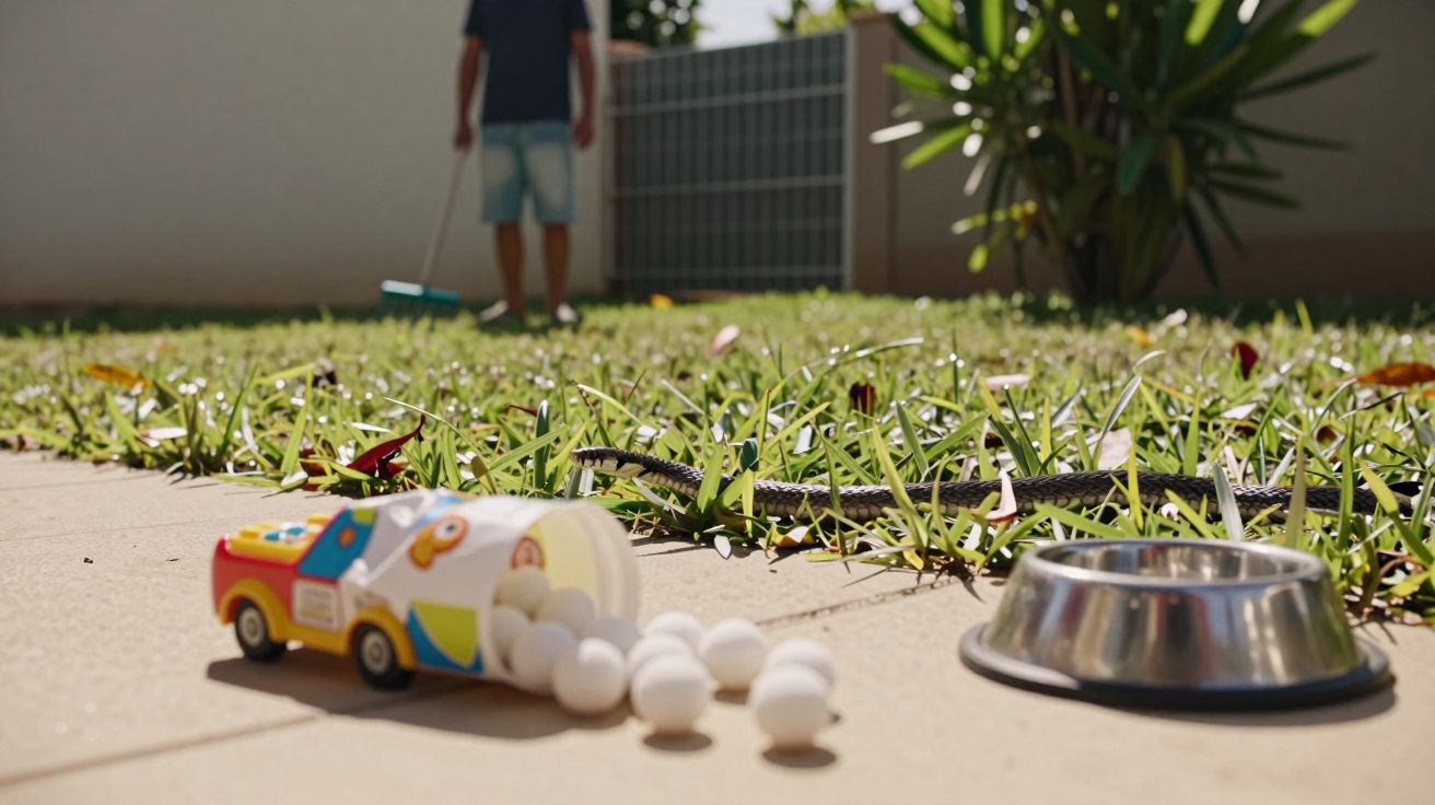 Brinquedo de caminhão caída com bolinhas na calçada, coleira de cachorro e lagarto no gramado.