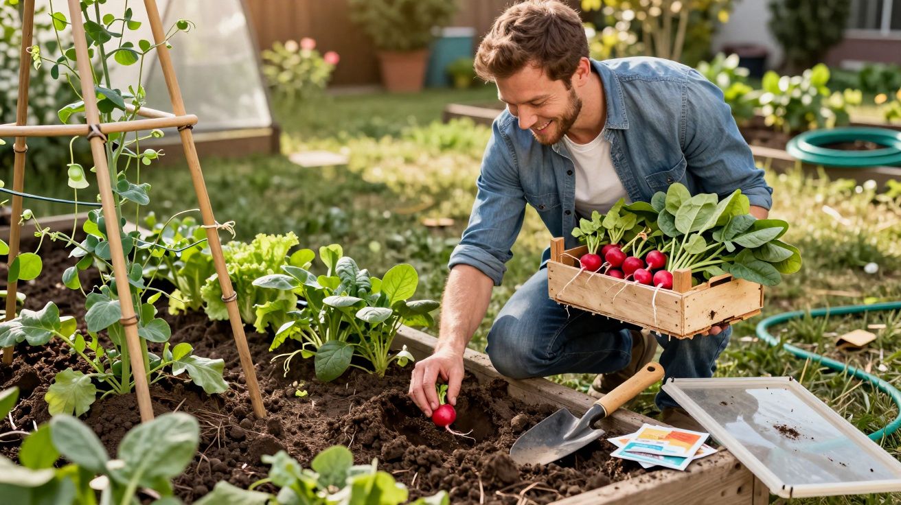 Homem colhendo rabanetes em caixa de madeira em horta caseira com ferramentas de jardinagem.