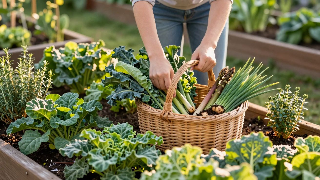 Pessoa colhendo hortaliças frescas em cesta dentro de horta com plantas verdes em canteiros elevados.