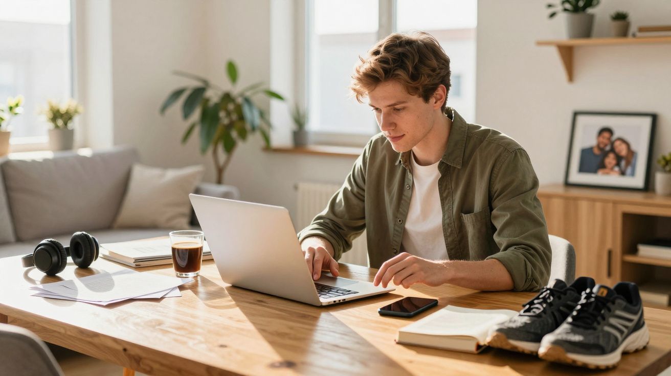 Jovem sentado à mesa de madeira, usando laptop, com tênis, fones e copo de café ao redor em ambiente iluminado.