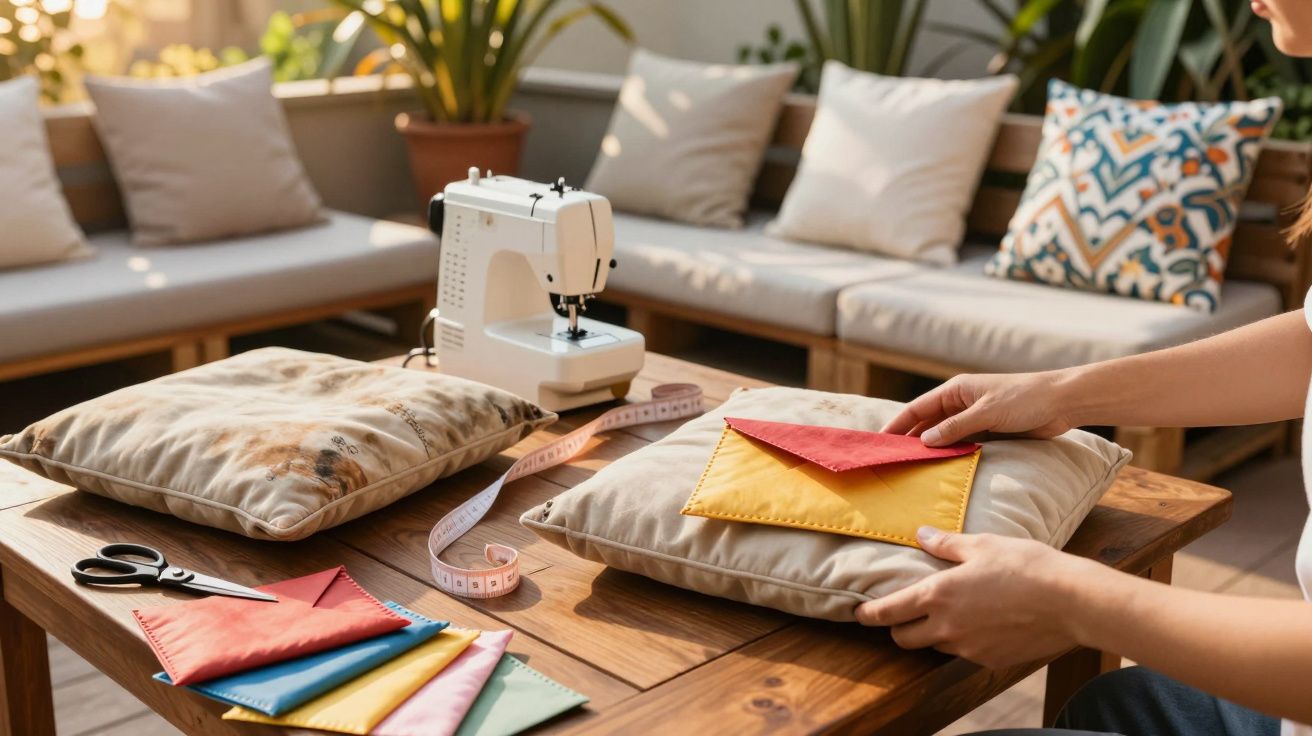 Mãos seguram almofada com envelopes coloridos sobre mesa com máquina de costura, fita métrica e sofá ao fundo.