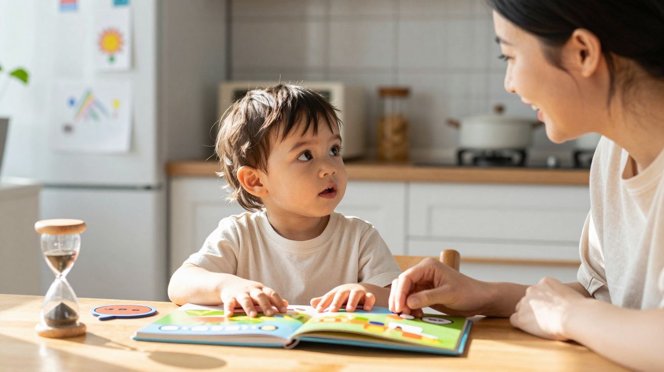 Criança pequena e mulher lendo livro ilustrado juntos em mesa de cozinha iluminada.