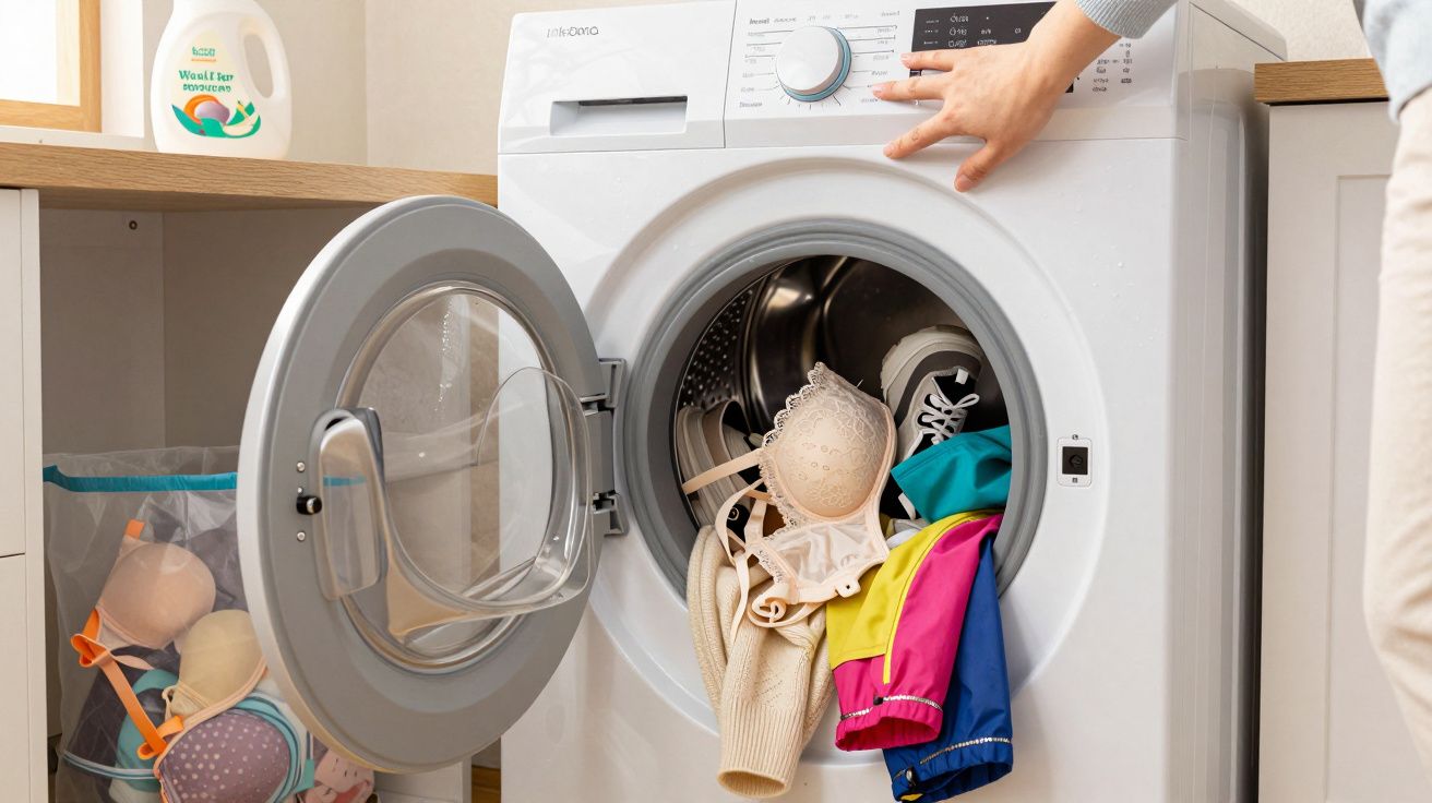 Máquina de lavar branca aberta com roupas coloridas e lingerie dentro, mão ajusta botão no painel.