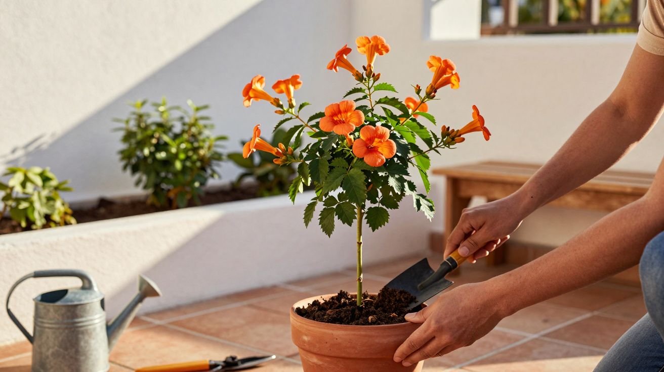 Pessoa cuidando de planta com flores laranjas em vaso de cerâmica em ambiente externo iluminado.