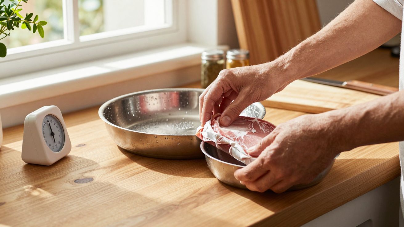 Mãos colocando carne embalada em tigela de metal sobre bancada de cozinha ao lado de timer branco.