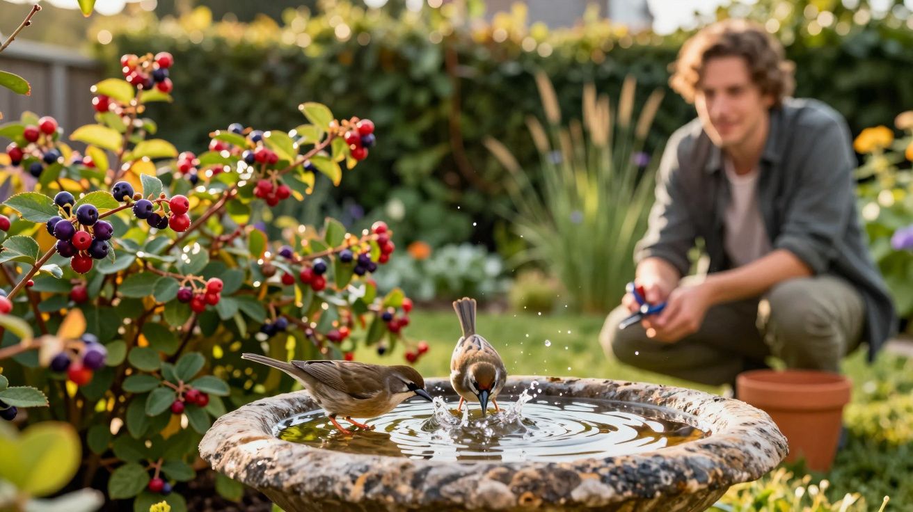 Pássaros bebendo em uma fonte de pedra no jardim enquanto homem observa ao fundo.