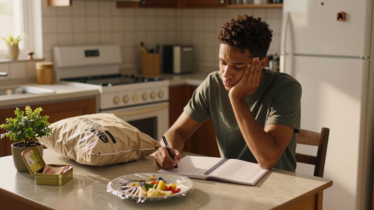 Jovem sentado à mesa da cozinha estudando e escrevendo em caderno com prato de frutas ao lado.