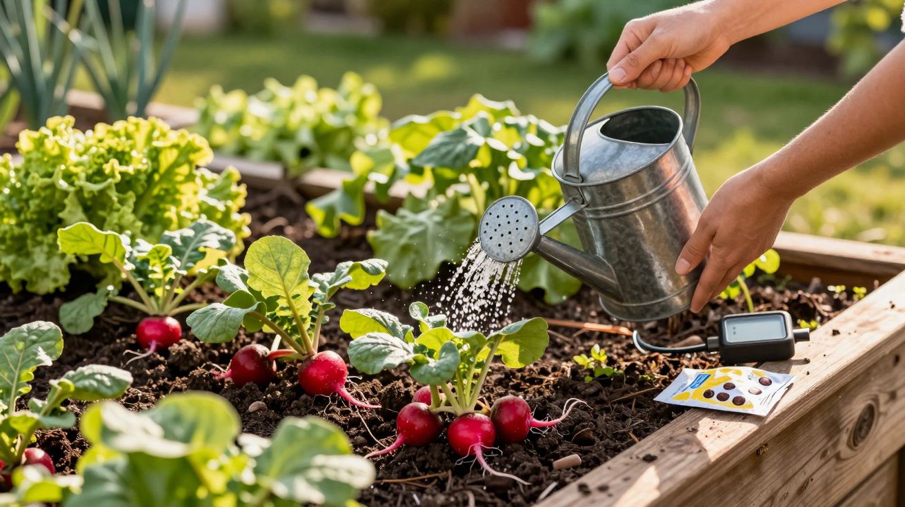 Pessoa regando plantas e rabanetes em uma horta elevada em um jardim ensolarado.