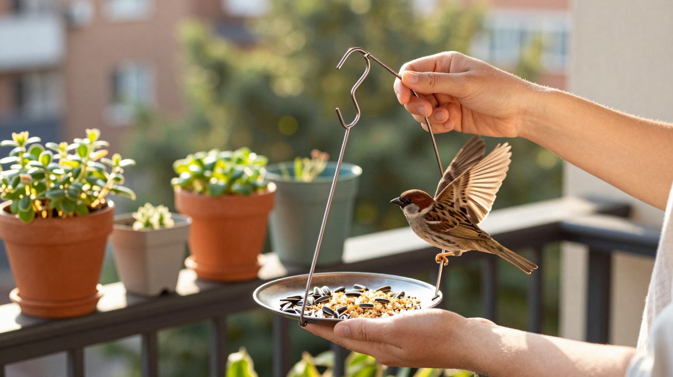 Pássaro pousando em comedouro suspenso com sementes, mãos segurando no varal em varanda com vasos de plantas.