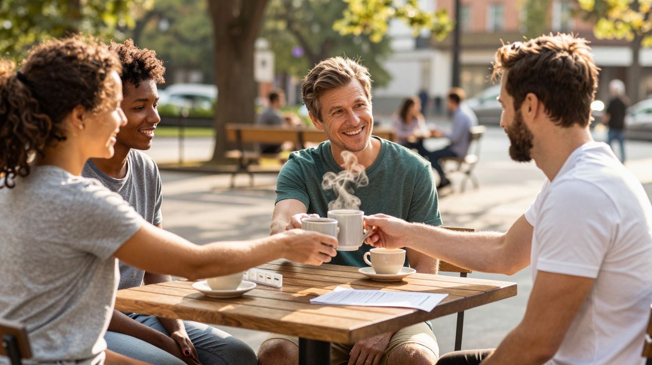 Quatro amigos brindam com canecas de café em uma mesa ao ar livre em um dia ensolarado.