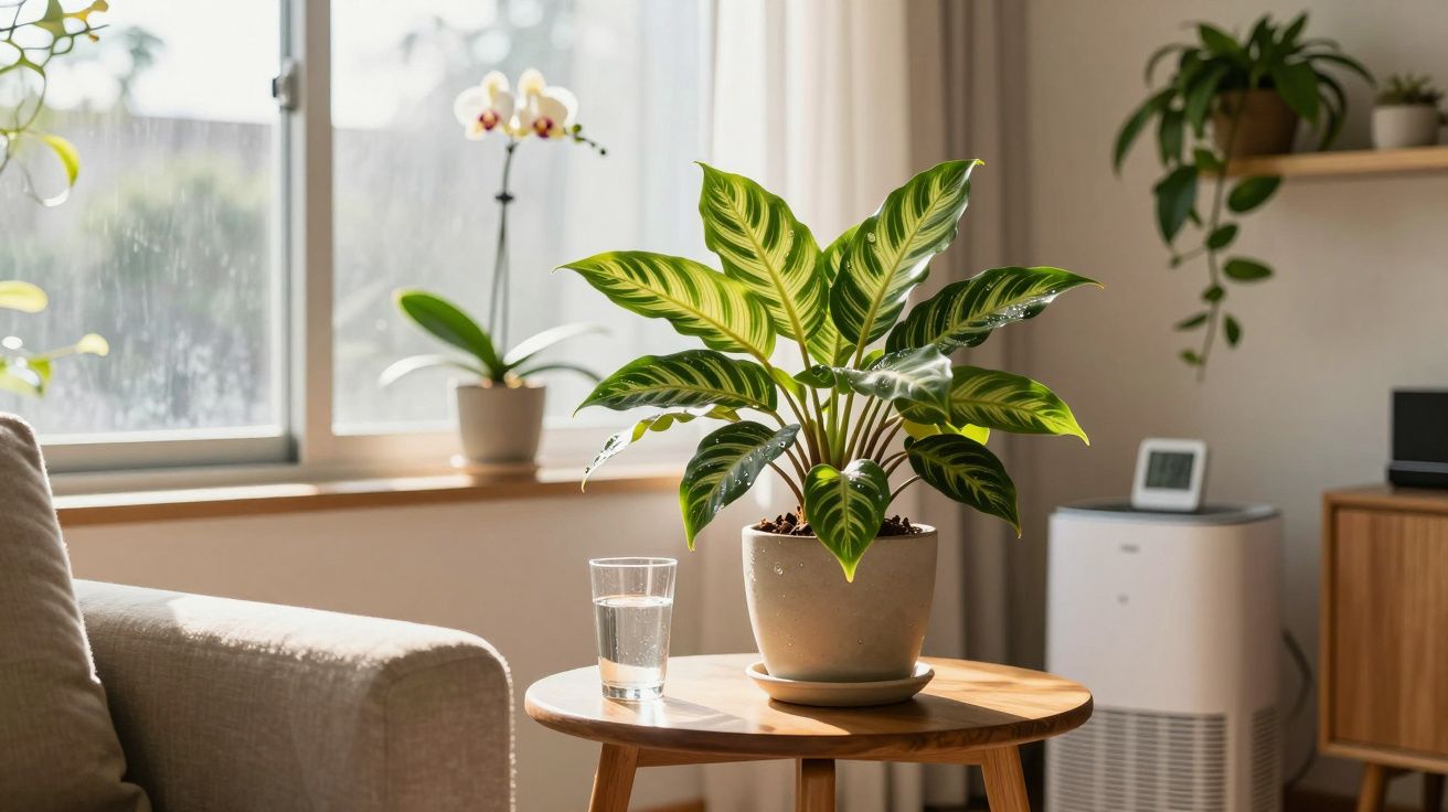 Planta verde em vaso sobre mesa de madeira com copo d'água, ao lado de sofá e janela iluminada.