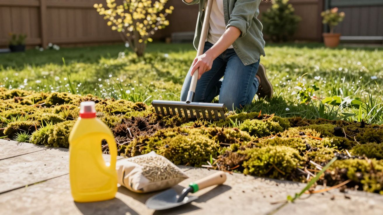 Pessoa ajoelhada no jardim preparando o solo com um ancinho, cercada por ferramentas e produto amarelo.