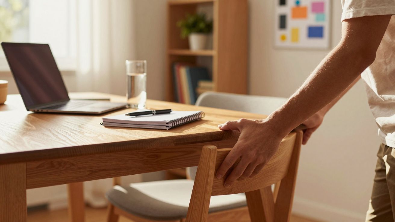 Pessoa segurando cadeira de madeira em escritório com mesa, notebook, caderno e copo d'água.