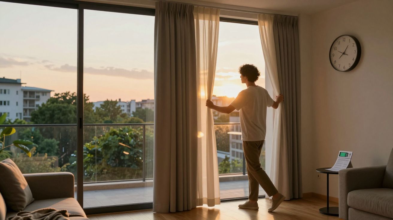 Pessoa abre cortina em sala de estar iluminada pelo sol do fim da tarde com vista para varanda e prédios.