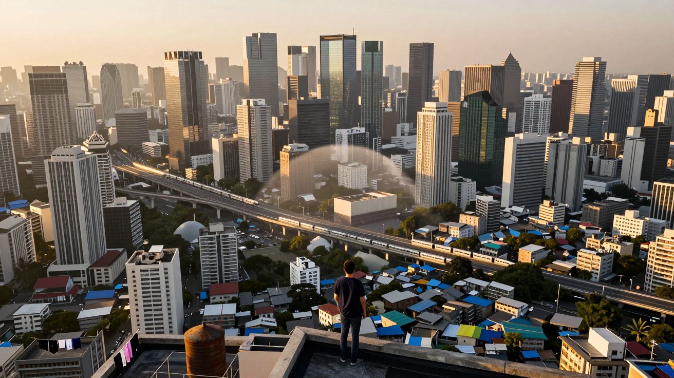 Pessoa olhando para o skyline de uma cidade grande com prédios altos ao pôr do sol.