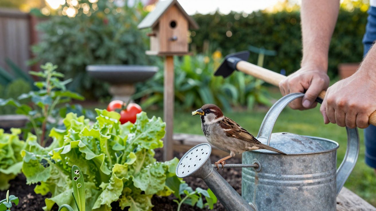 Pássaro posado em regador de metal em jardim com hortaliças frescas e mãos segurando regador.