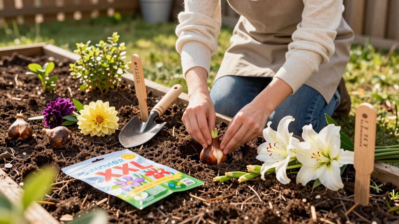 Pessoa plantando bulbos de flores em canteiro com flores, ferramentas e embalagem de bulbos ao lado.