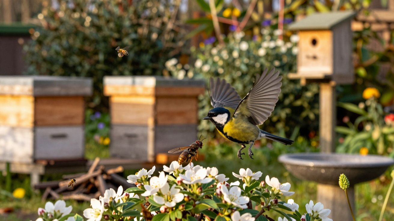 Pássaro voando próximo a abelhas sobre flores brancas em jardim com caixas de mel e casa para pássaros.