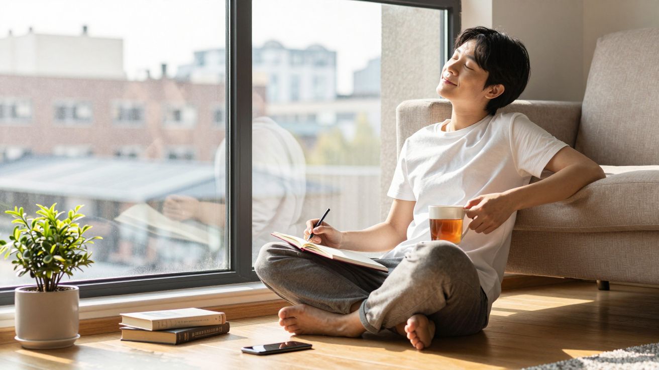 Jovem sentado no chão perto da janela, escrevendo em caderno e segurando xícara de chá, relaxando à luz do sol.