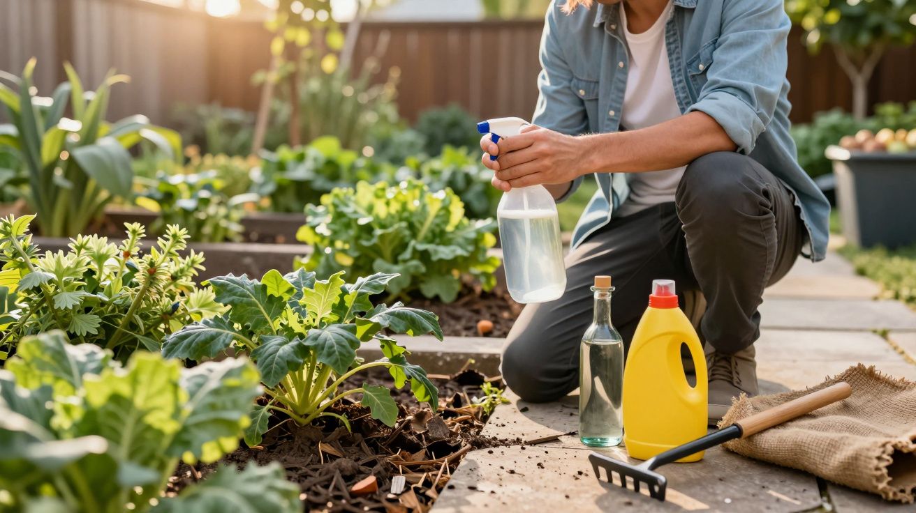 Pessoa agachada com borrifador cuidando de plantas em canteiro de horta caseira ao ar livre.