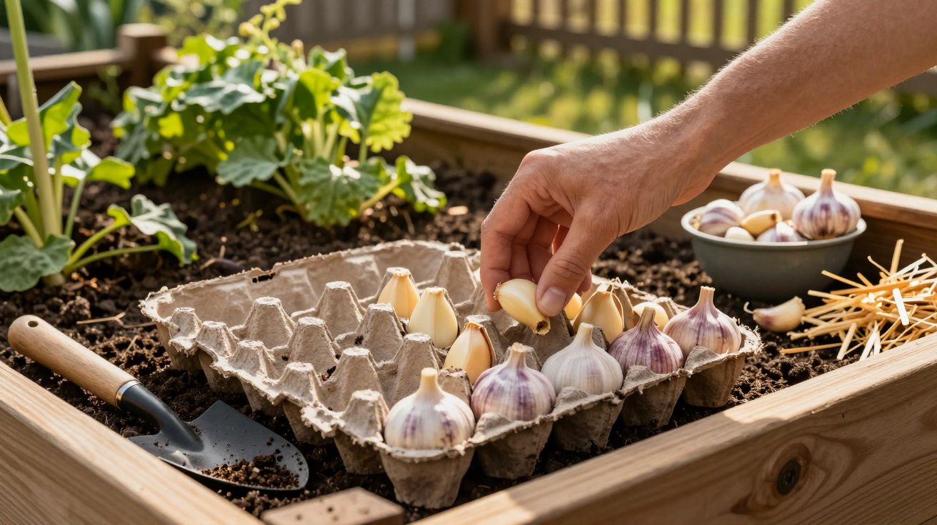 Mão plantando dentes de alho em recipiente de papelão sobre canteiro de madeira com terra e plantas.