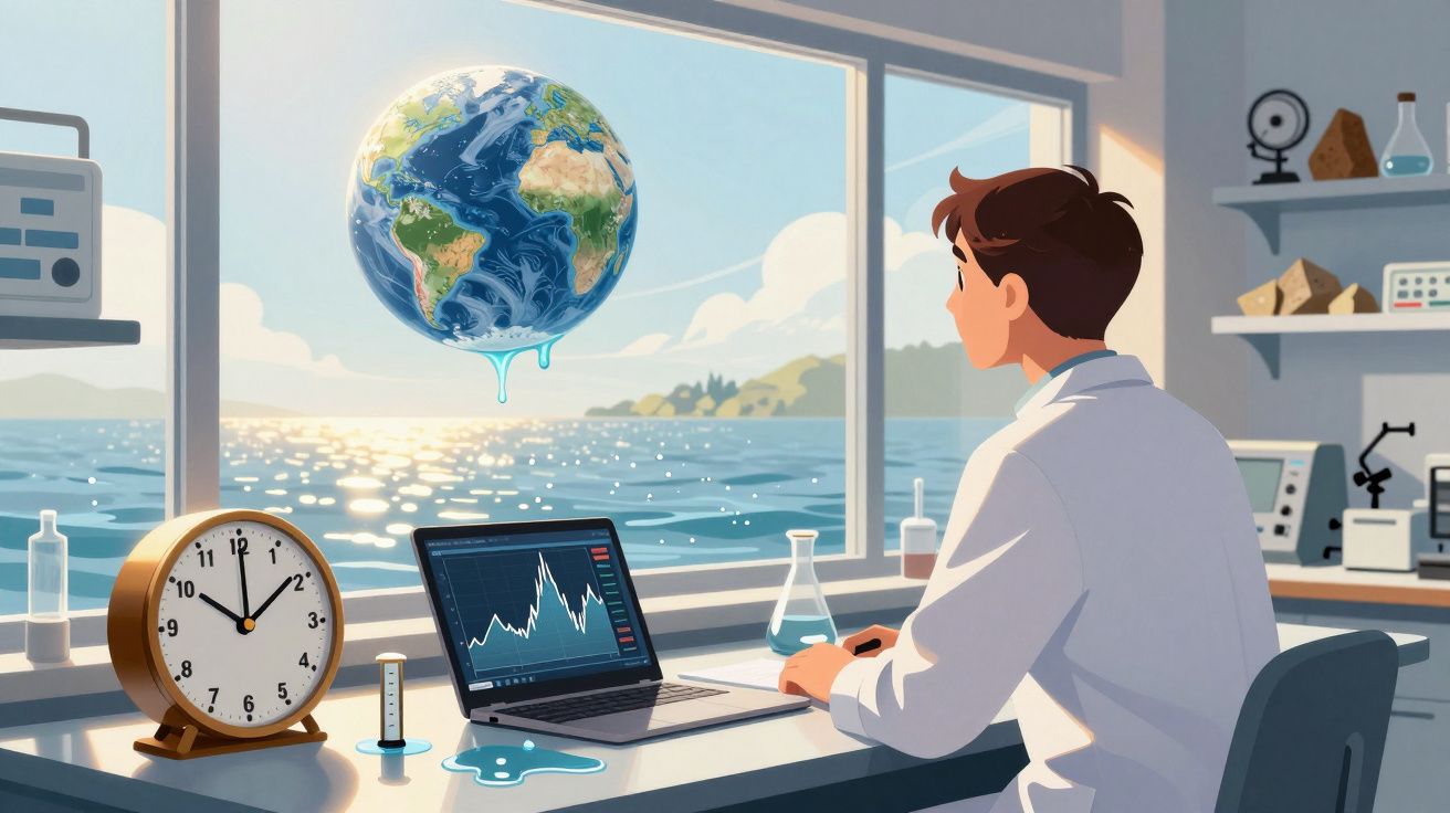 Cientista observa Terra derretendo flutuando diante da janela com gráficos ambientais em laptop.