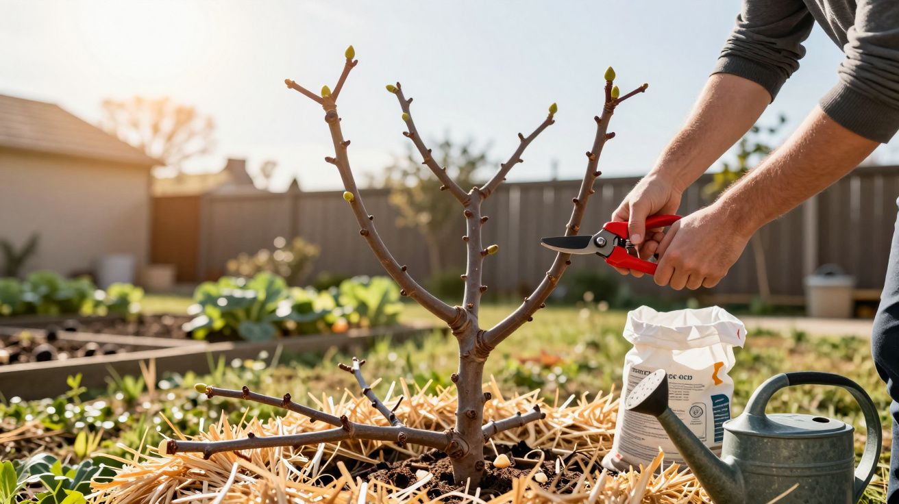 Pessoa podando galhos de árvore jovem em jardim com regador e saco de fertilizante ao lado.