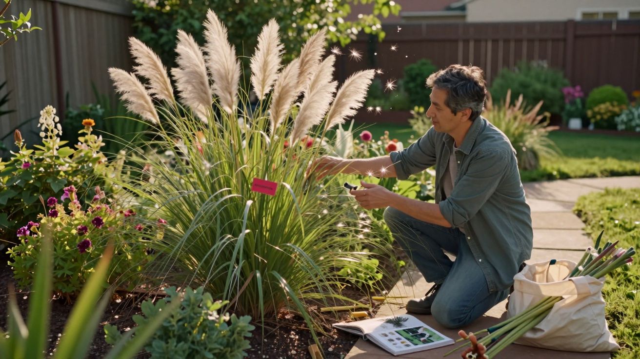 Homem cuidando de plantas e flores em jardim ensolarado próximo a cerca de madeira.