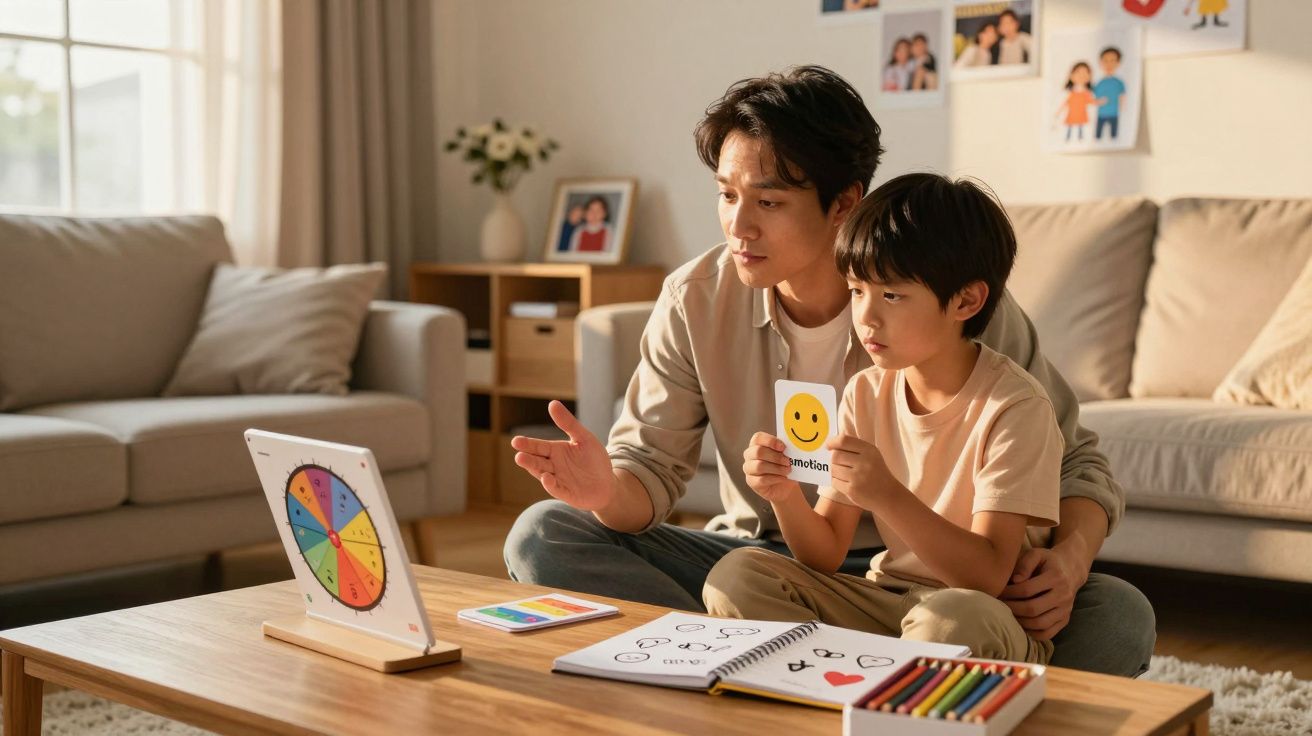 Homem ensina criança em casa usando cartas e jogo de emoções à mesa de madeira.