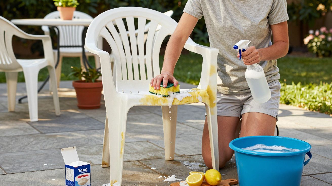 Pessoa limpando cadeira plástica branca suja com esponja, balde azul e limões ao lado no chão.